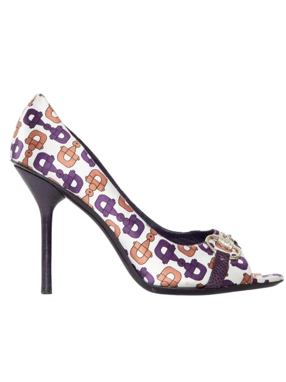 Gucci Vintage Satin Horsebit Crystal Open Toe Heels 8.5 - Picture 1 of 10